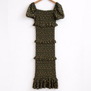 MABLE Smocked Tier Maxi Dress Green Floral Puff Sleeve Cottagecore Small
